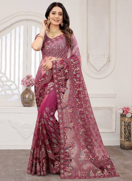 Wine Colour Fancy Designer Stylish Party Wear Heavy Net Embroidery Work Saree Collection 5752